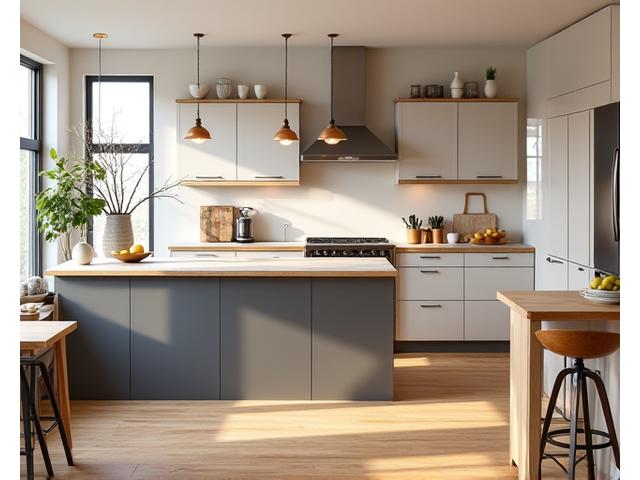Lys og åben køkkenrenovering med køkkenø og trægulve