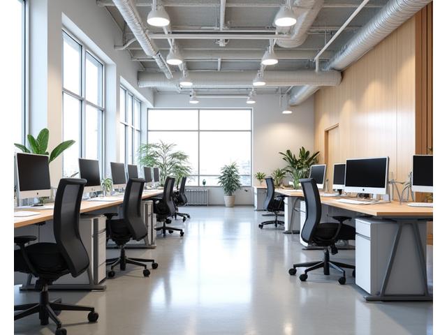Moderne kontorindretning med åbent plan, lyse farver og ergonomiske møbler