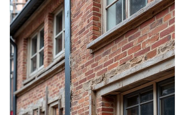 Detaljeret historisk bygningsfacade under restaurering, træstillads