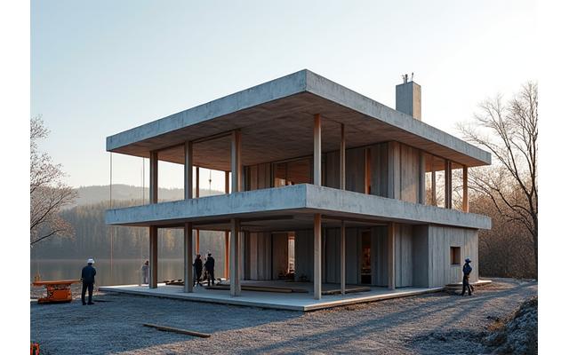 Moderne villa under opførelse med udsigt til sø, blå himmel